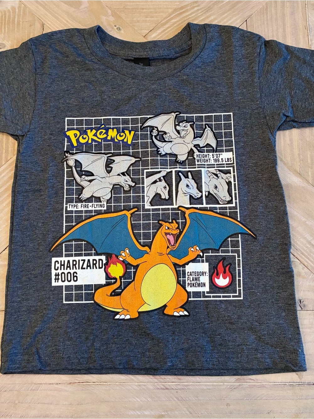 Gildan Dark Gray Charizard Graphic Tee with Blue Wings and Orange Body